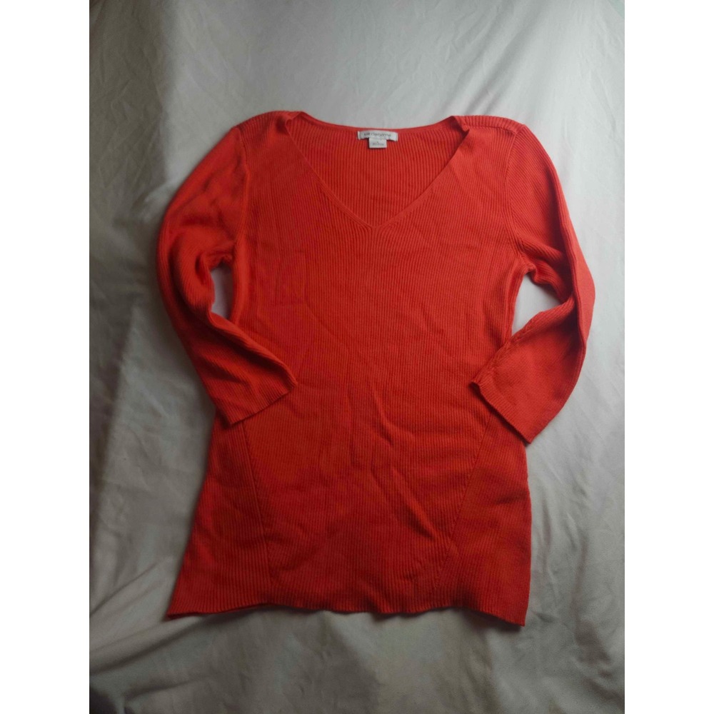 Liz Claiborne Orange Red Ribbed V-Neck Cotton Sweater 3/4 Sleeve‎ Large 75914-2
